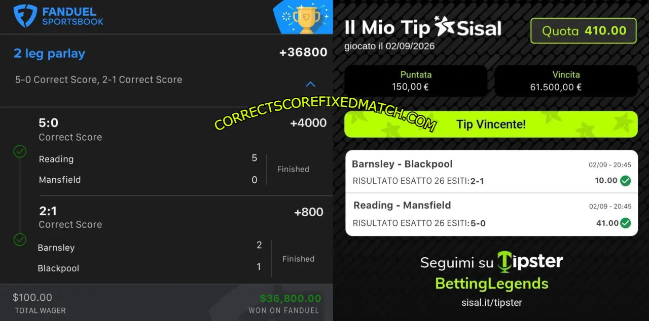 FANDUEL SAFE FIXED CORRECT SCORE MATCH FANDUEL SAFE FIXED CORRECT SCORE MATCH